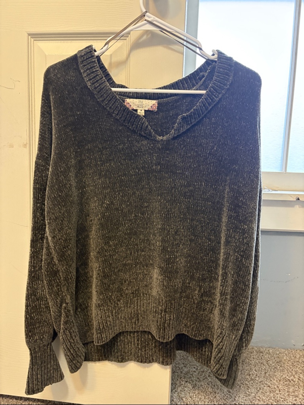Pink Rose Olive Green Chenille V-Neck Sweater